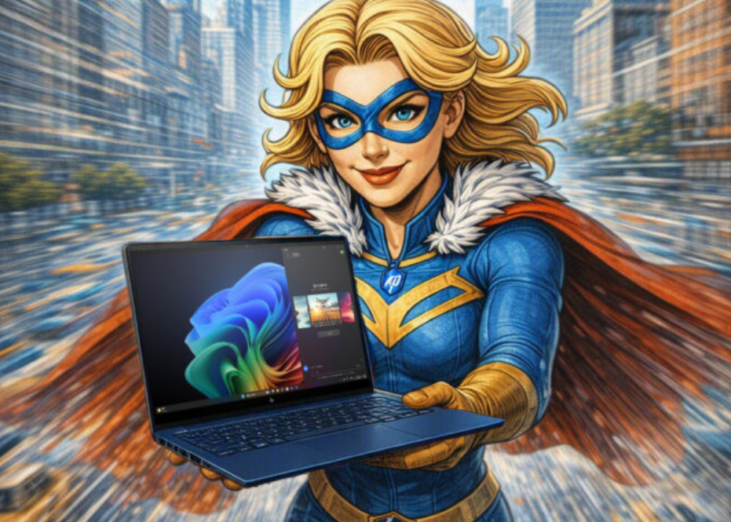 HP superhero carrying an HP EliteBook X through a fast-moving cityscape, symbolising the speed, mobility and AI-enhanced productivity of the HP EliteBook X.